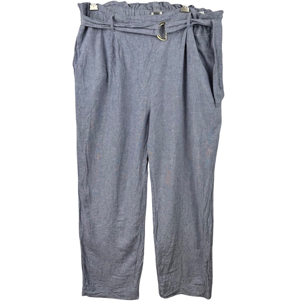 Anne Klein Paperbag Waist Pants Womens Large Blue Linen Blend Belted Casual Chic - Picture 2 of 13